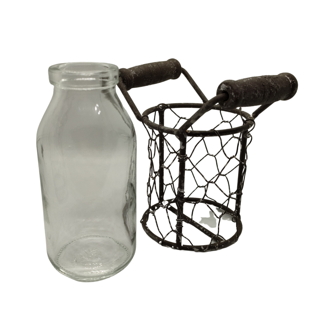 Clear Glass Bottle in mesh wire cage