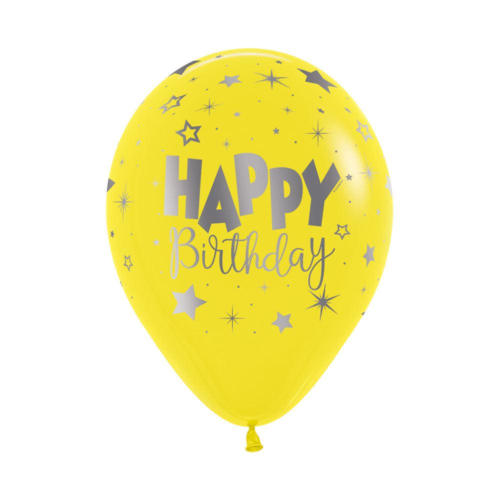 Silver Happy Birthday on Yellow Balloons