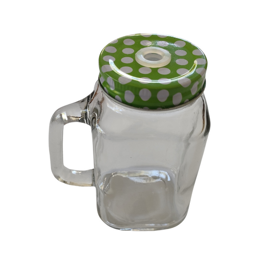 Small Square Mason Jar with Handle - Green with white dots