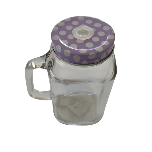 Small Square Mason Jar with Handle - Lilac with white dots