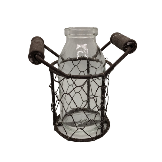 Clear Glass Bottle in mesh wire cage