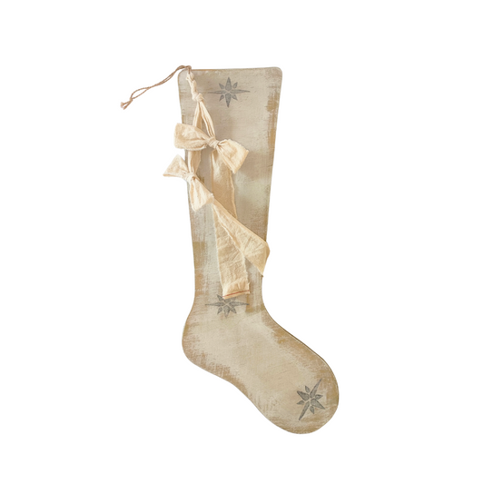 Large Wooden Christmas Stocking - White Washed, Grey Bright Star