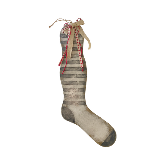 Large Wooden Christmas Stocking - White Washed Grey Stripe