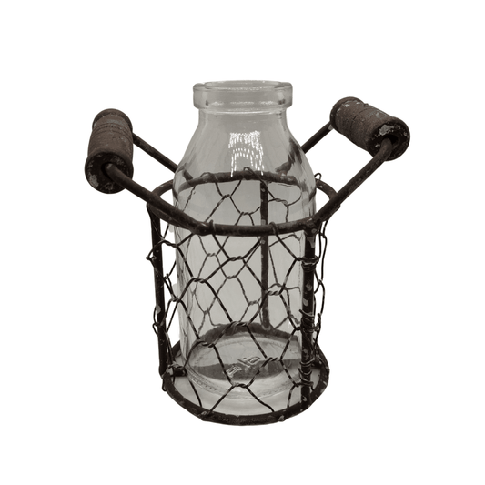 Clear Glass Bottle in Mesh Wire Cage