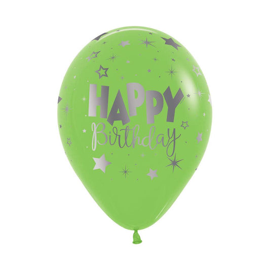 Silver Happy Birthday on Lime Green Balloons