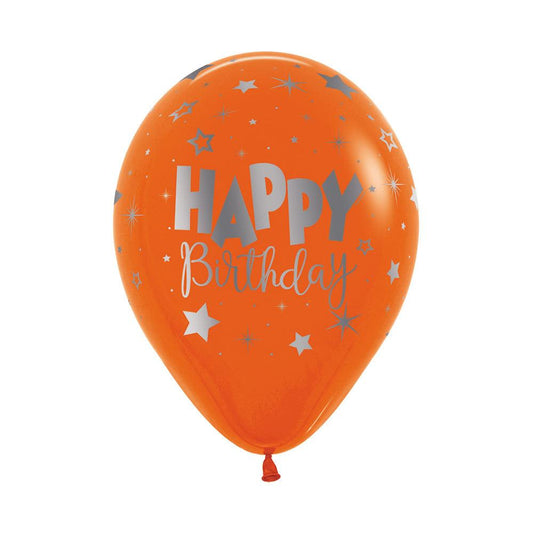 Silver Happy Birthday on Orange Balloons