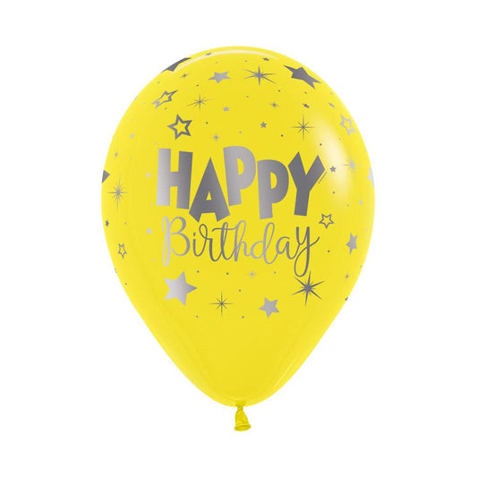 Silver Happy Birthday on Yellow Balloons