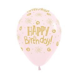 Gold Happy Birthday on Matte Pastel Pink Balloons