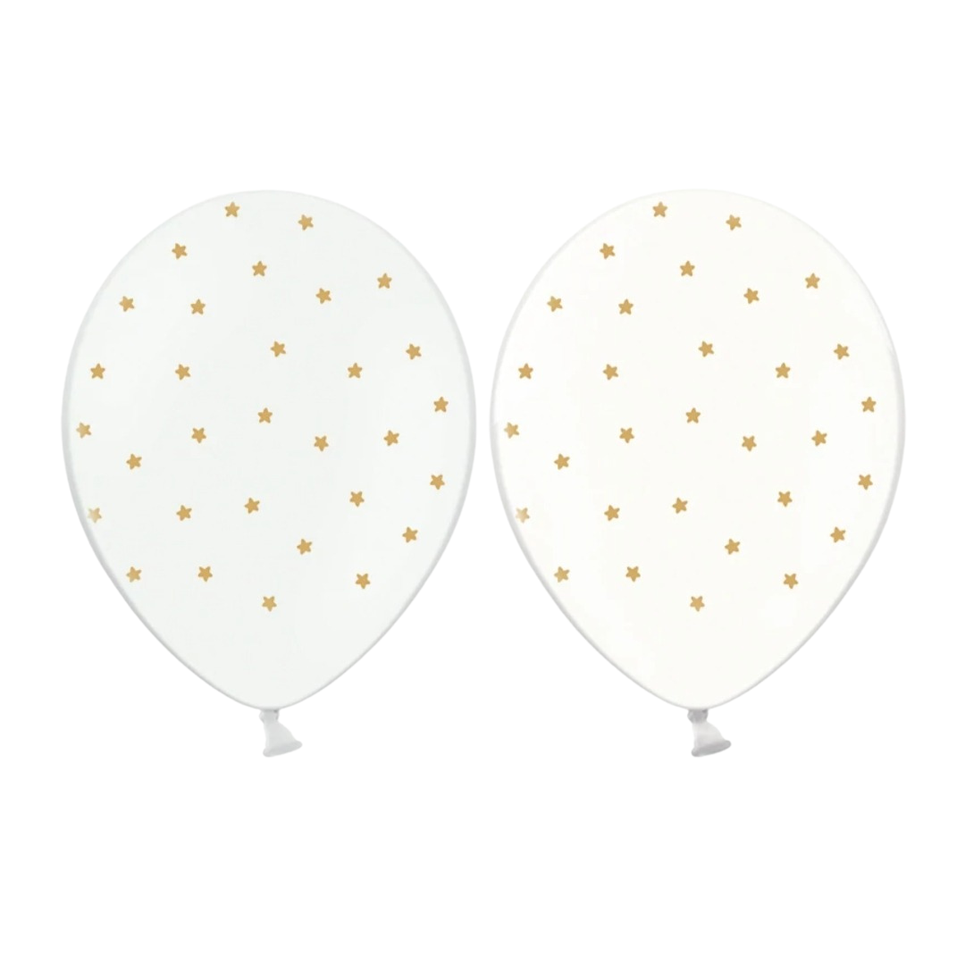 All over Gold Star on white and Clear Latex Balloons