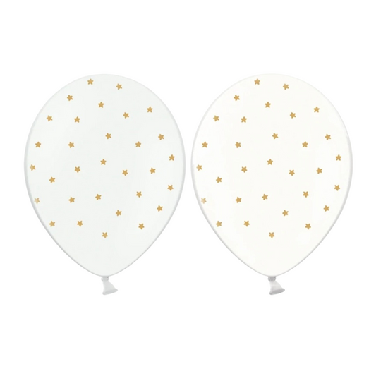 All over Gold Star on white and Clear Latex Balloons