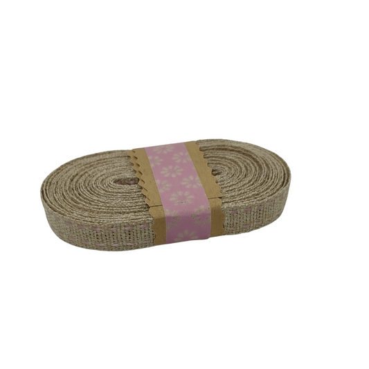 Ribbon - Flax Saddle Stitch - Natural / Pink